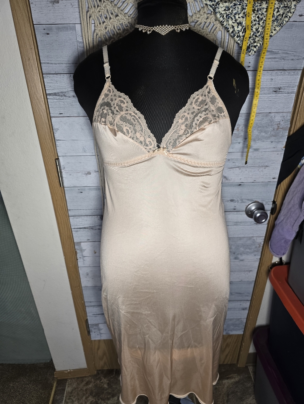 Vtg 60's Union Made ILGWU Lace-Trim Slip Dress in Nude Tan Minimalist Chic